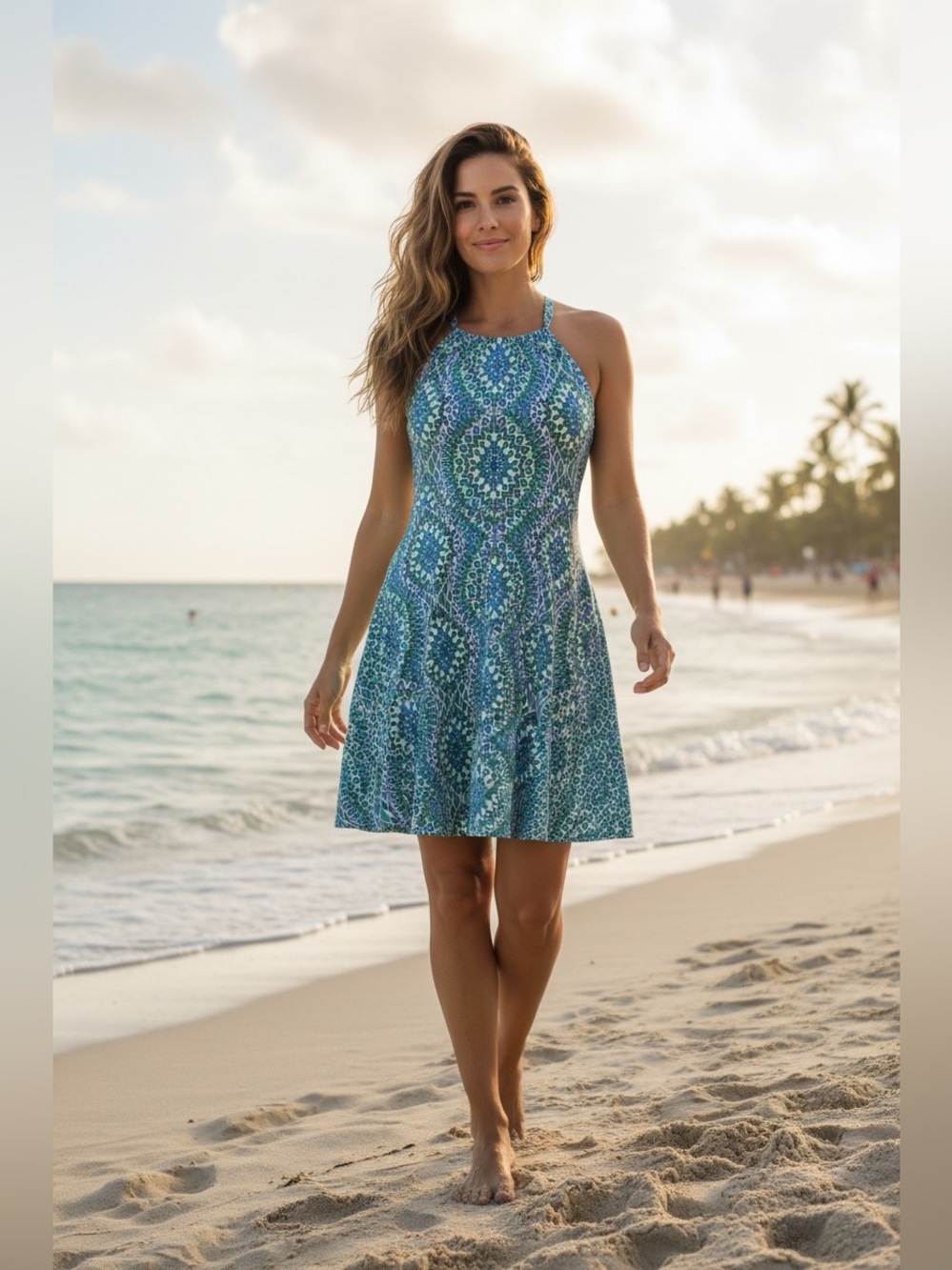 Prana Blue & Green Geometric Halter Women's  Dress